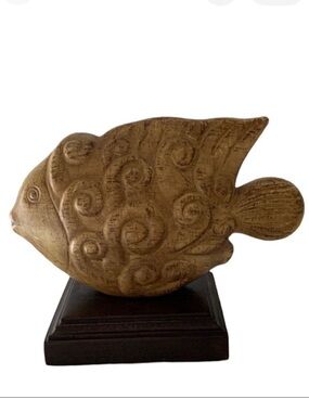 Ceramic Fish Sculpture on Wooden Stand